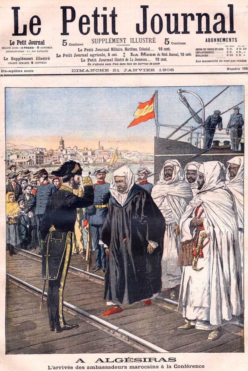 Marokon suurlähettiläiden, mukaan lukien Sidi-Mohammed Torresin saapuminen Algecirasin konferenssiin, "Le Petit Journal" -julkaisusta tammikuu 1906 - Eurooppalaisten valtojen ja Yhdysvaltojen kansainvälinen konferenssi, joka pidettiin keskustelemaan Ranska tekijältä French School