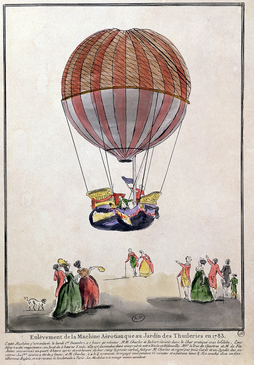 Ascent of the Aerostat in Jardin des Tuileries, 1. joulukuuta 1783 (kynä ja muste ja wc paperilla) tekijältä French School