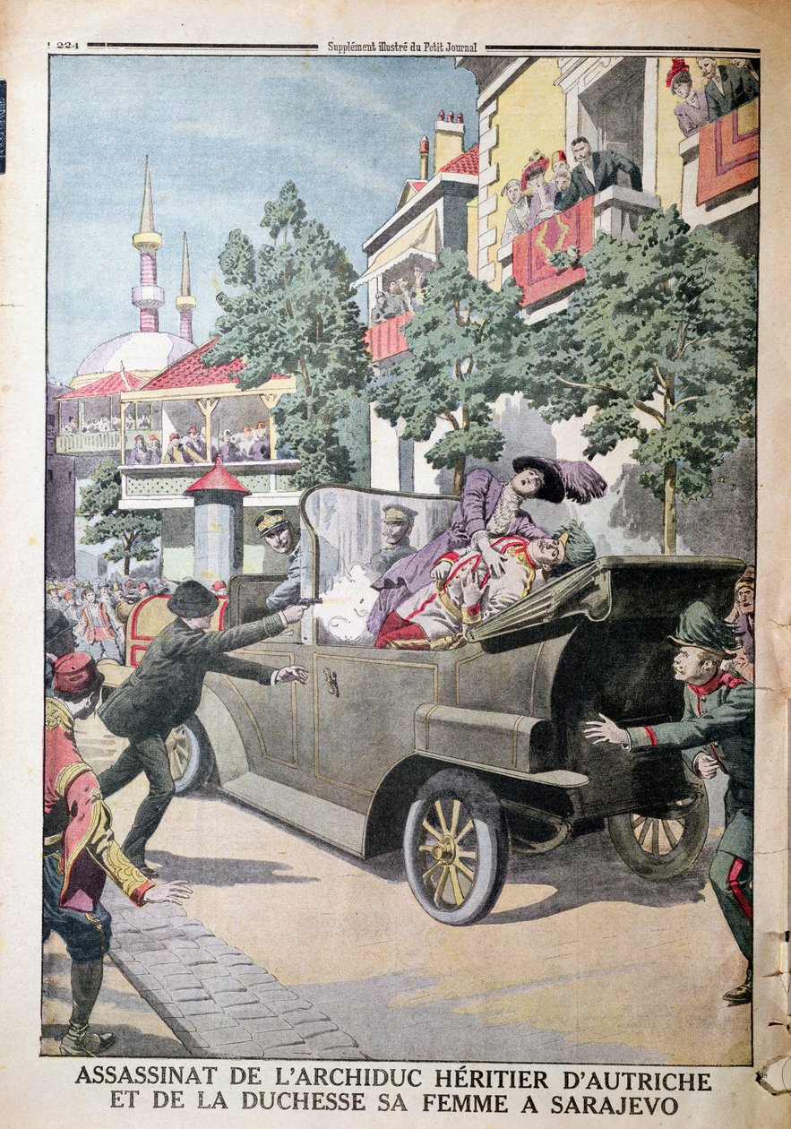 Gavrilo Principin (1895-1918) suorittama Itävallan arkkiherttua Franz Ferdinandin (1863-1914) ja hänen vaimonsa herttuatar Sofian salamurha Sarajevossa, 28. kesäkuuta 1914, Le Petit Journal, 12. heinäkuuta 1914 (co. tekijältä French School