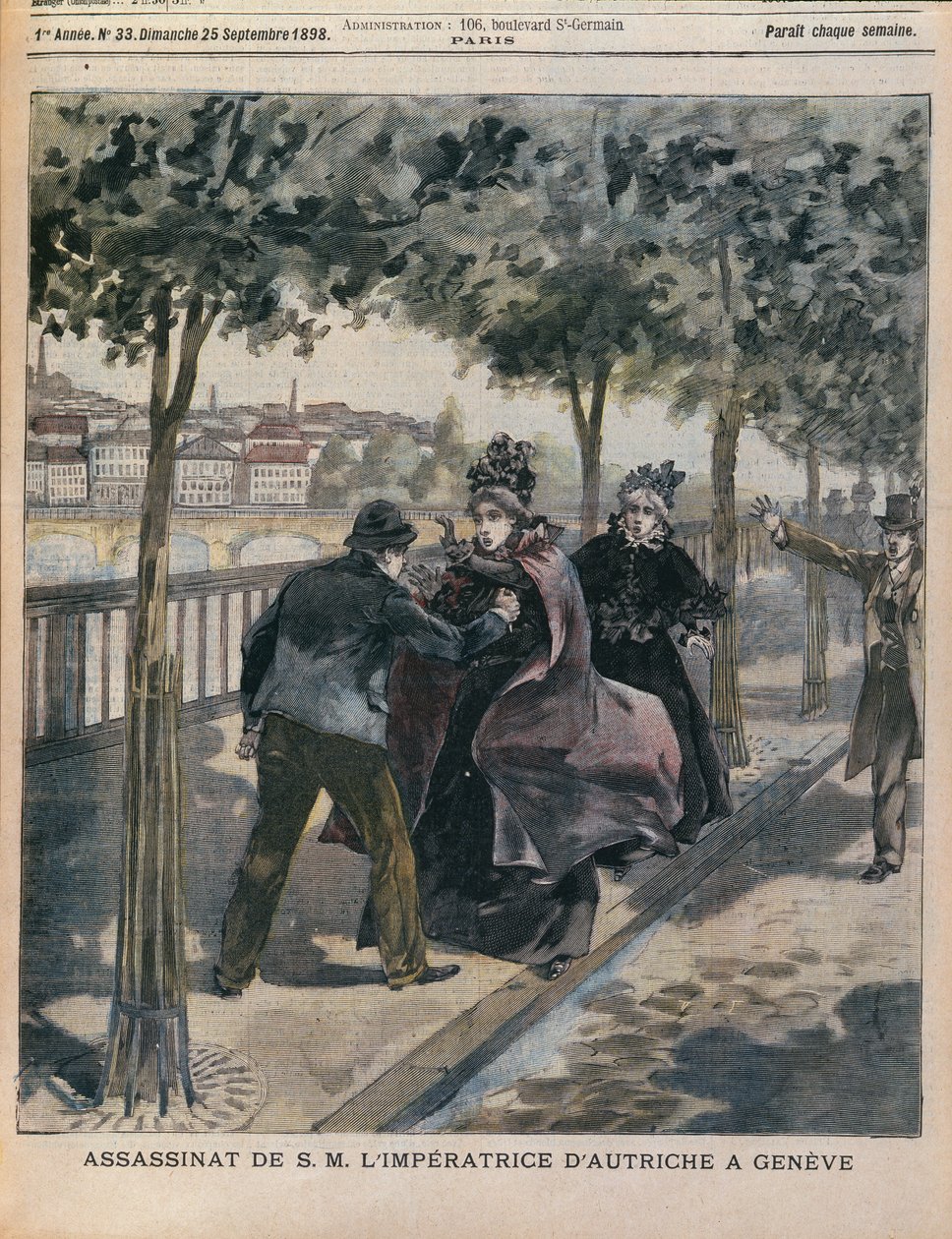 Itävallan keisarinna Elizabethin (1837-1898) salamurha Genevessä, LAnnee Illustreen etukansi, 25. syyskuuta 1898 (värikaiverrus) tekijältä French School