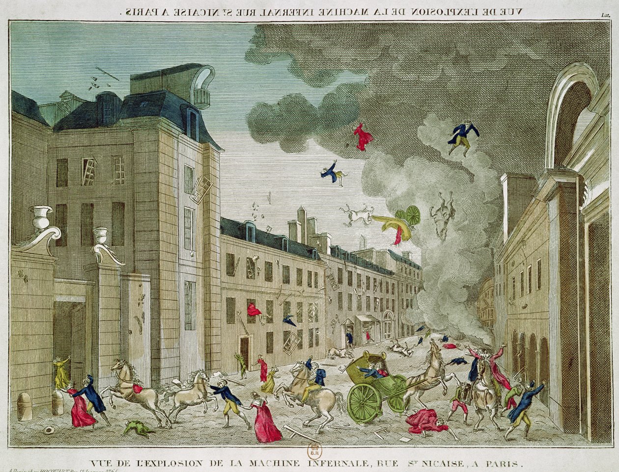 Napoleon Bonaparten (1769-1821) salamurhayritys Rue Saint-Nicaisella, Pariisissa, 24. joulukuuta 1800 (värinen kaiverrus) tekijältä French School