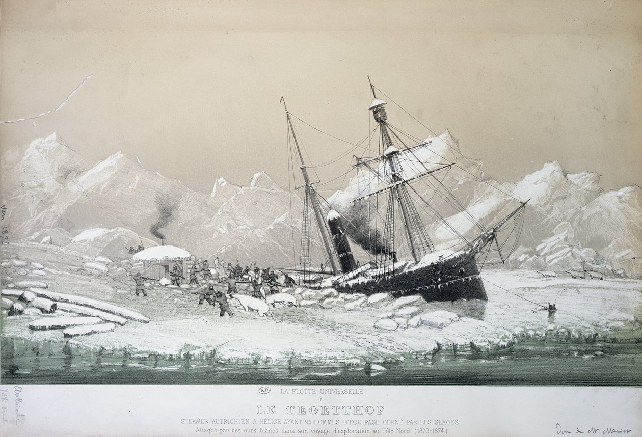 Itävallan ruuvihöyrylaiva Tegetthoff juuttui jäähän ja jääkarhujen kimppuun tutkimusmatkan aikana pohjoisnavalle 1872-4 tekijältä French School