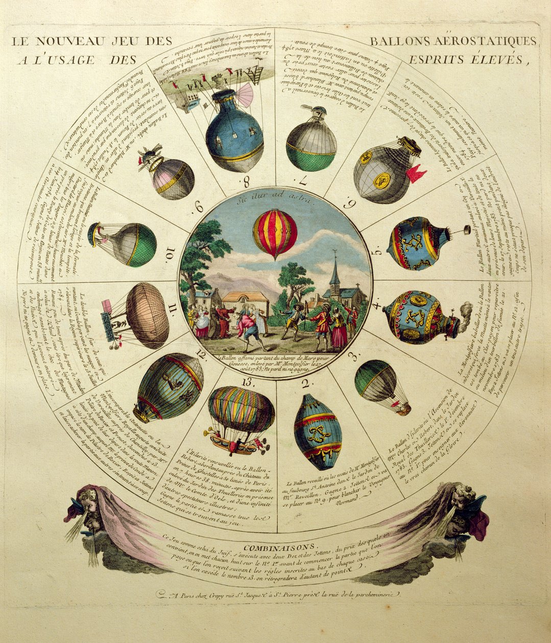 The Ballooning Game, jossa on kuvia erilaisista kuumailmapalloista, n. 1784 tekijältä French School