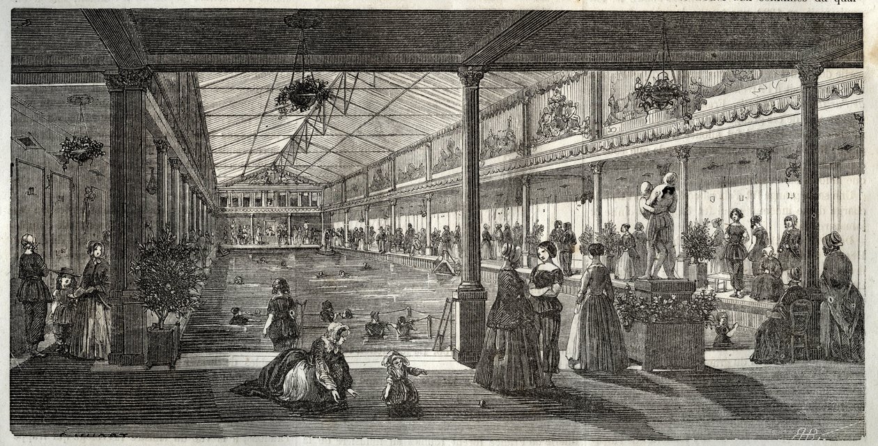 Hotel Lambertin kylpylät, Ile Saint-Louis, Pariisi, 1800-luvun puoliväli - Hotel Lambert, Ile Saint-Louis, naisten uimakoulu - Bain Lambert - - Edmond Texierin kaiverrus Tableau-de-Parisissa 1852 tekijältä French School