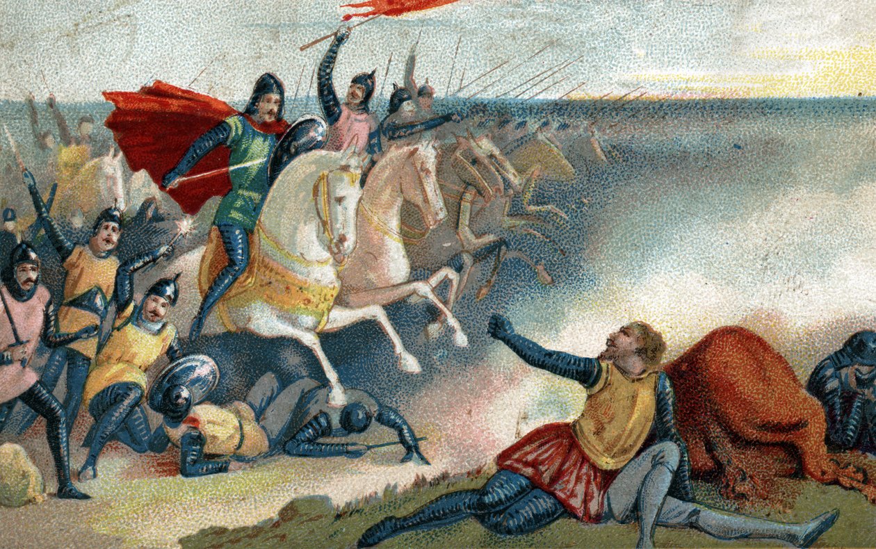 Hastingsin taistelu 14.10.1066 Harold II:n saksien ja Norman Armeen (William I Conquerant) välillä. 1800-luvun lopun kromolitografia. tekijältä French School