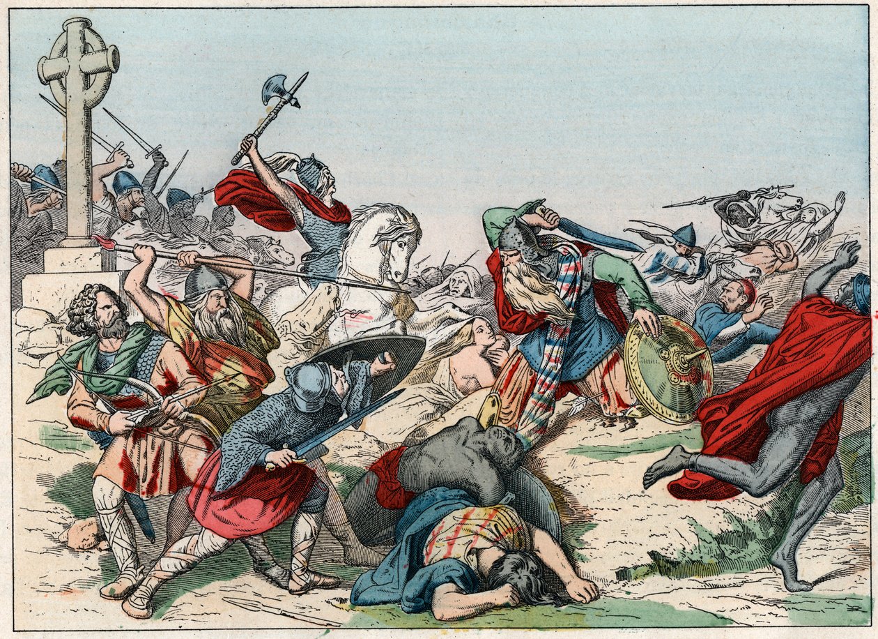 Poitiersin taistelun 25. lokakuuta 732 voitti Charles Martel - Poitiersin taistelu, 25. lokakuuta 732, voitti Charles Martel (688-741) - Kaiverrus 1800-luvun lopusta kirjassa "" Nos Gires Nationales - Images et recits ”” tekijältä French School