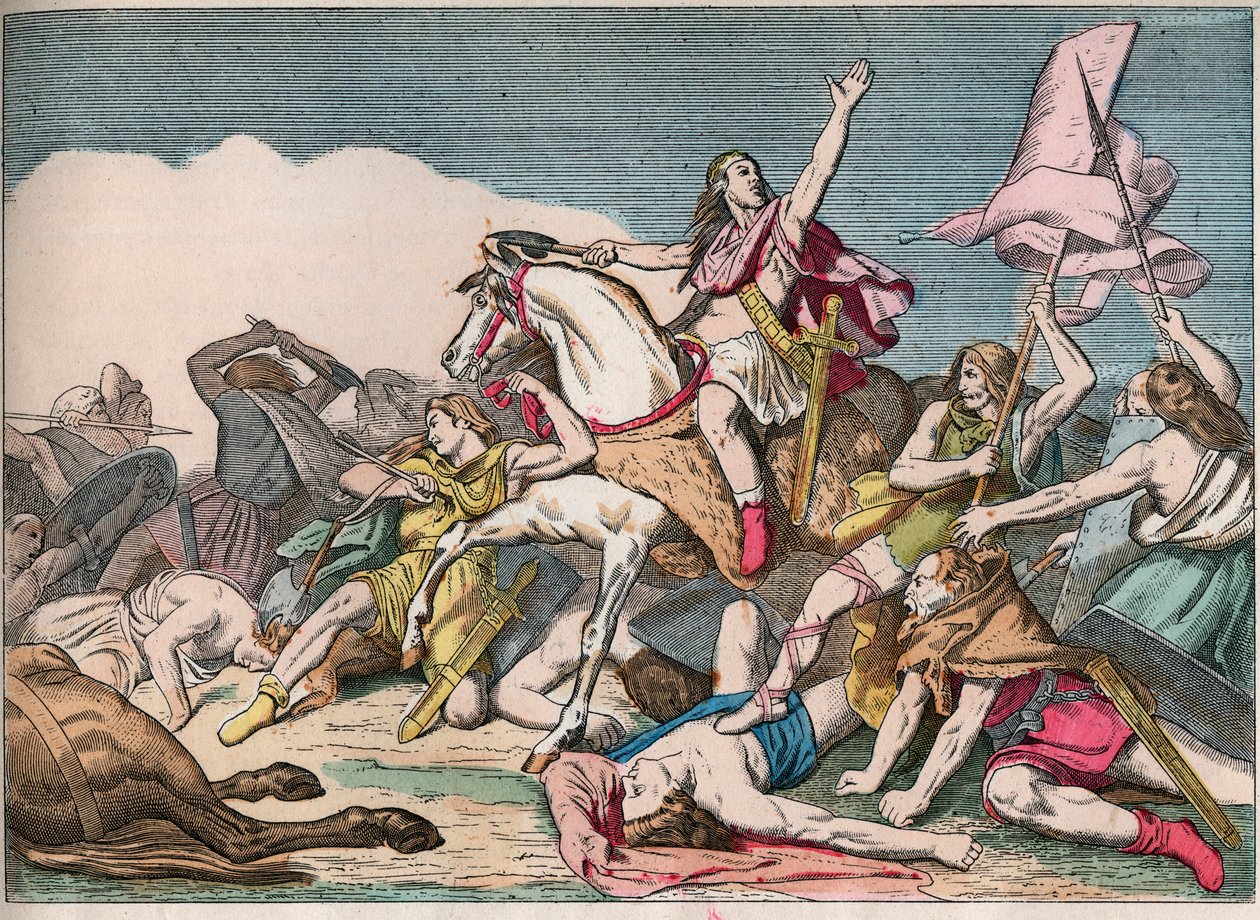 Tolbiacin taistelu, Clovisin voitto (466-511) alamaaneista (496) - Clovis I (466-511) Tolbiacin taistelussa, 496 jKr. - Kaiverrus 1800-luvun lopusta "" Nos Gires Nationales -kirjaan - Kuvat ja lausunnot"" tekijältä French School