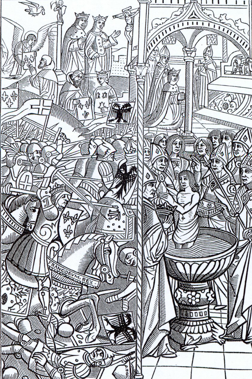 Tolbiacin taistelu ja kuningas Kloviksen kaste, vuodelta 1516 peräisin oleva "Mirouer Historial de France". tekijältä French School