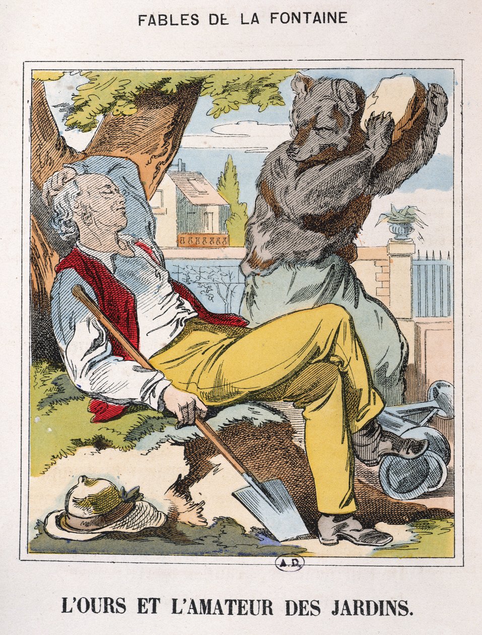 Karhu ja puutarhuri, "Fables de La Fontainen" (värikaiverrus) tekijältä French School