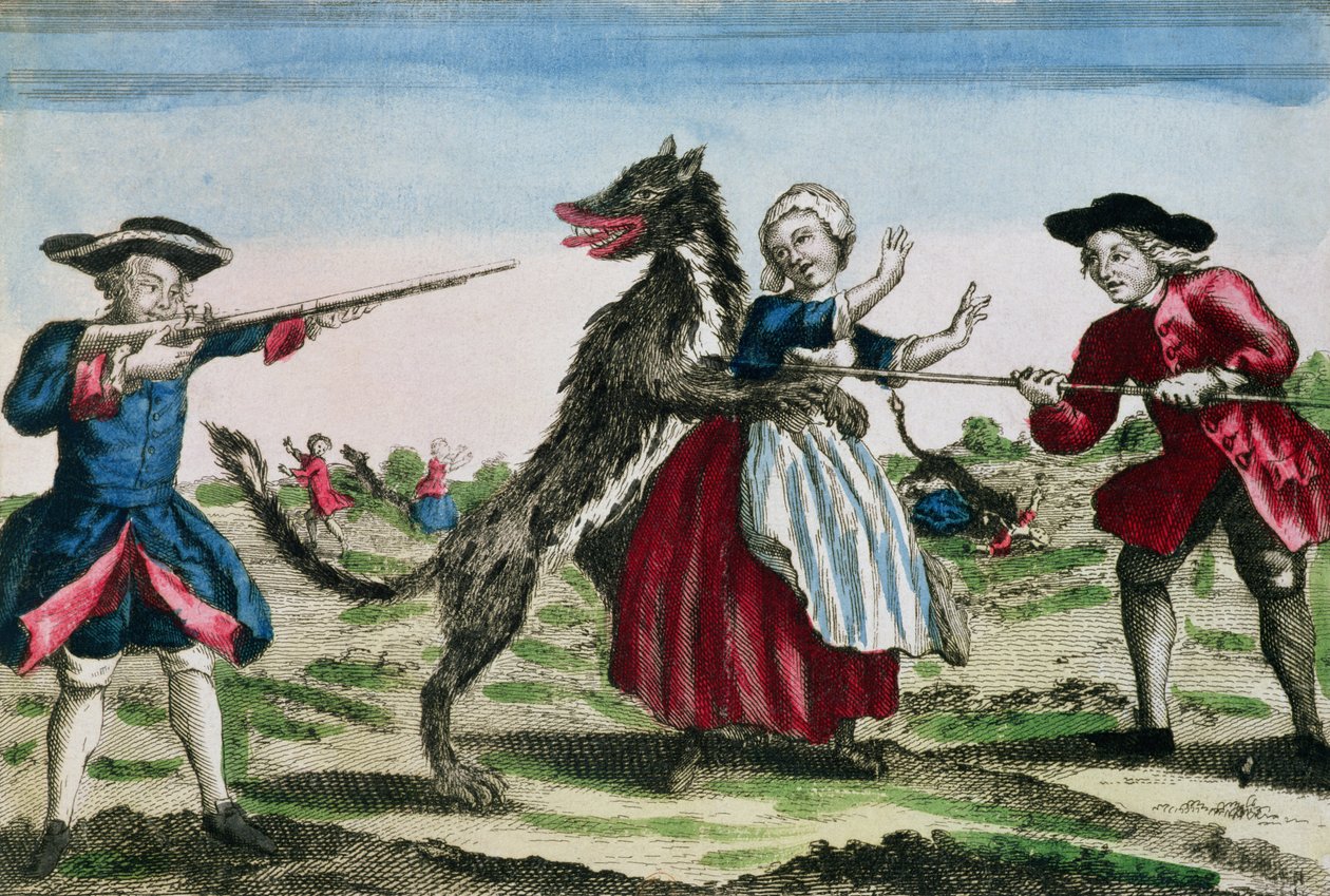 The Beast of Gevaudan, julkaisija Basset, 1764 (värikaiverrus) tekijältä French School