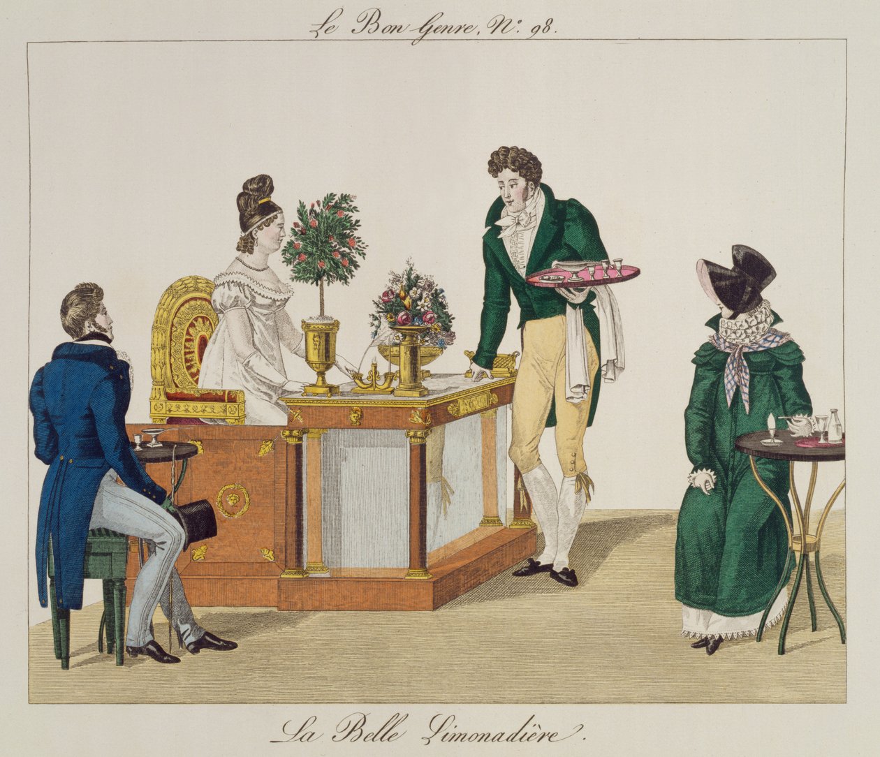 Kaunis limonadi myyjä, lautanen 98 le Bon Genrestä, n.1810 (värikaiverrus) tekijältä French School