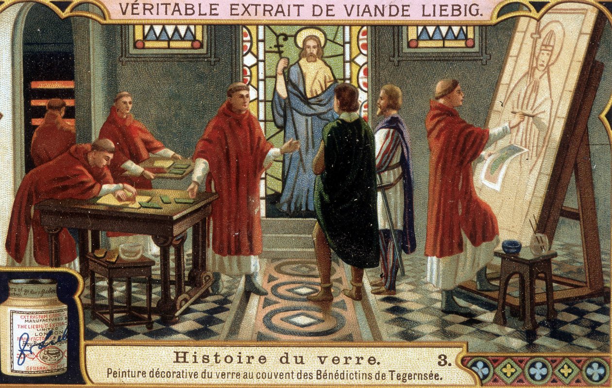Bavieren (Saksa) Tegernseen luostarin benediktiinimunkit koristavat lasin. Liebig-kromolitografia 1800-luvulta. tekijältä French School