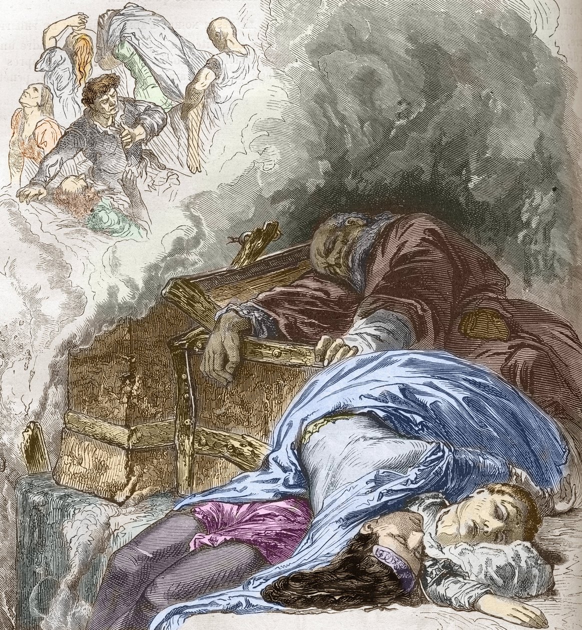 Musta kuolema: juutalaisten teurastus, 1348, Charles Lahuren kuvitus Histoire-populaire-de-Francesta, 1866 (käsinvärinen kaiverrus) tekijältä French School