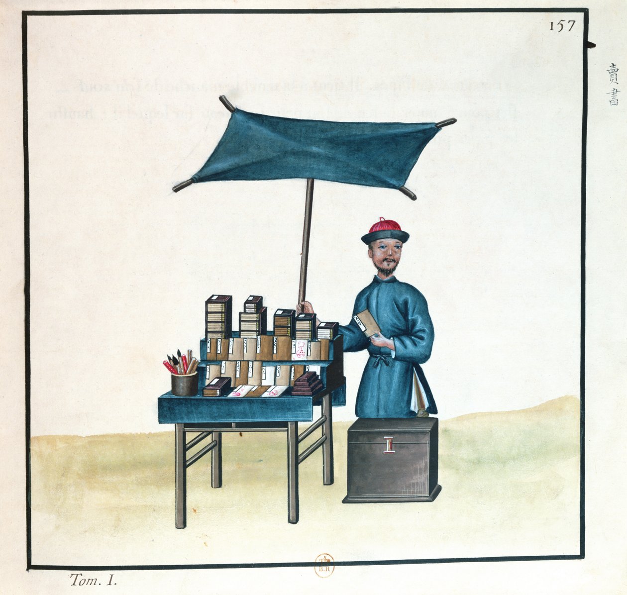Kirjamyyjä, kirjasta Pekingin katupuhelut, n. 1785 (wc ja guassi paperilla) tekijältä French School