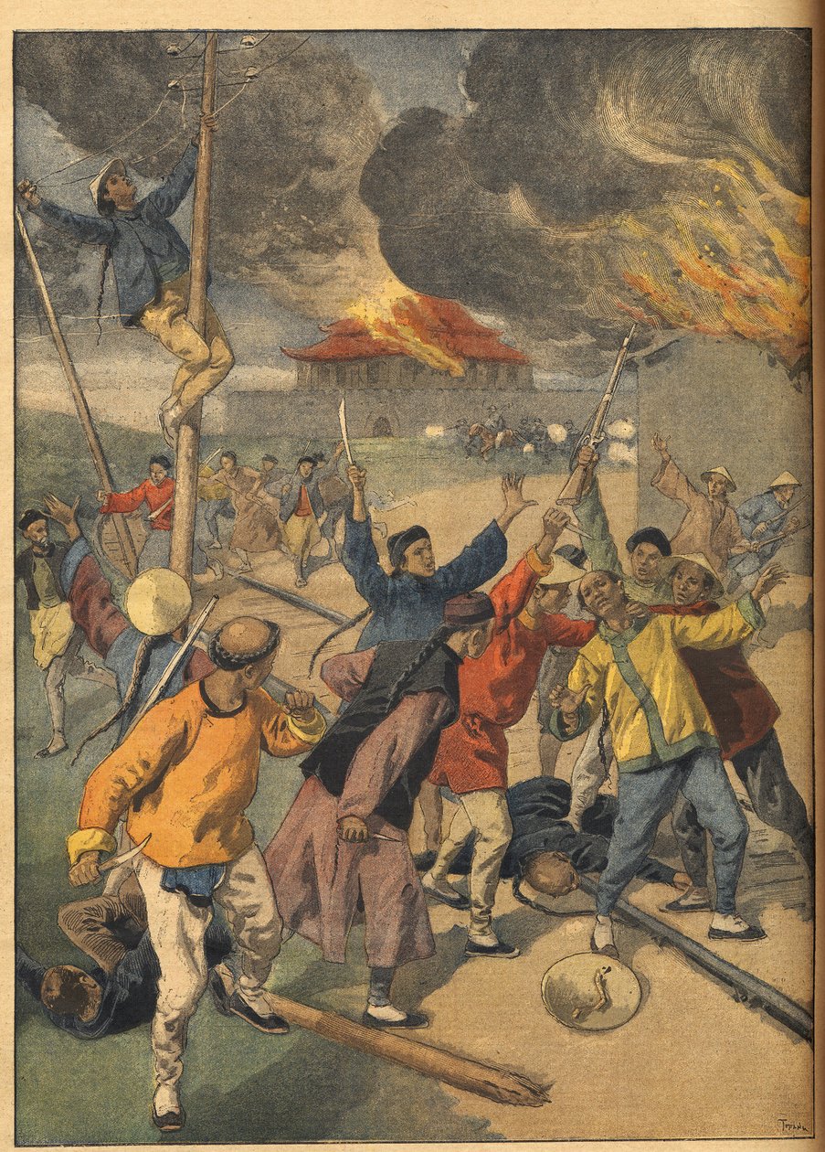 Boxer-kapina Kiinassa - Kiinan tapahtumat. Bokserit. Kuvitus Le petit Journaliin, 24. kesäkuuta 1900. tekijältä French School