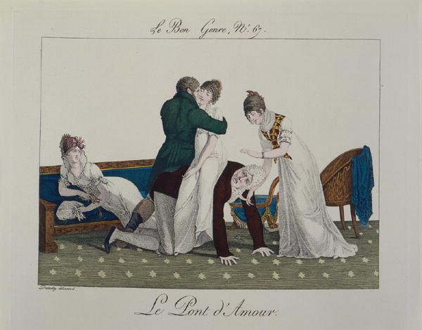Rakkauden silta, levy 67 teoksesta "Le Bon Genre", noin 1810 (värikaiverrus). tekijältä French School
