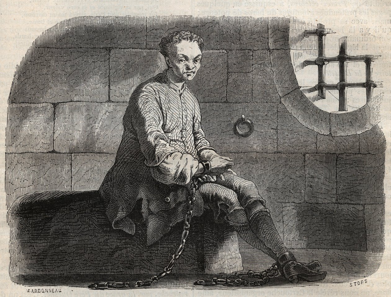 Prikkari Louis Dominique Garthausen dit Cartridge (1693-1721) vankilassa - Kaiverrus Armand Fouquierin (1817-18?) "" Causes de tous les peuple" -kirjaan 1858-1867 - yksityinen kokoelma tekijältä French School