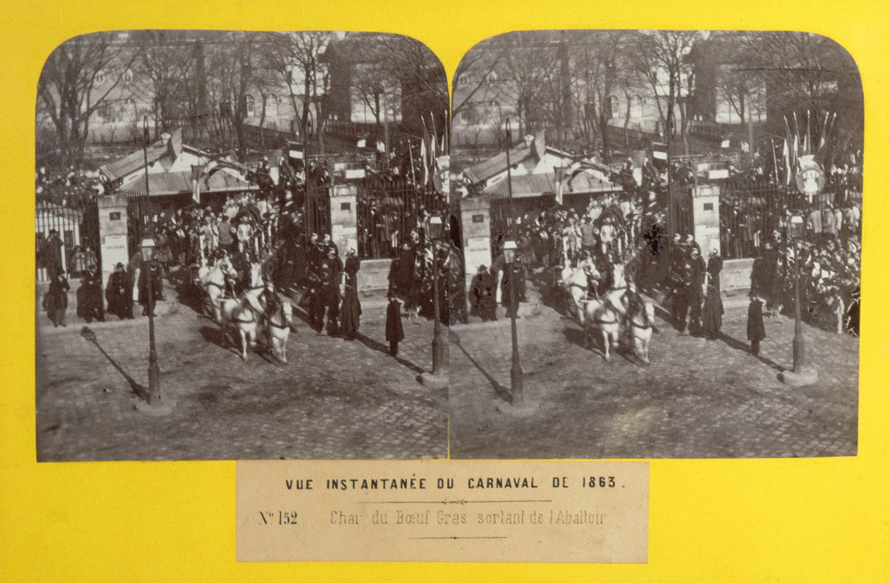 Vuoden 1863 karnevaali Pariisissa, lihava härkä kelluu teurastamosta, stereoskooppinen näkymä, 1863 tekijältä French School