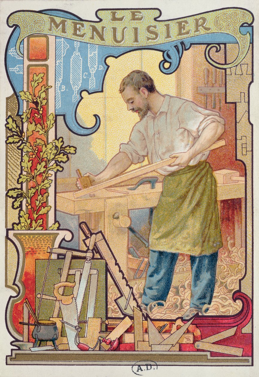 The Carpenter, kuvitus käsitöitä käsittelevästä kirjasta, n. 1899 tekijältä French School