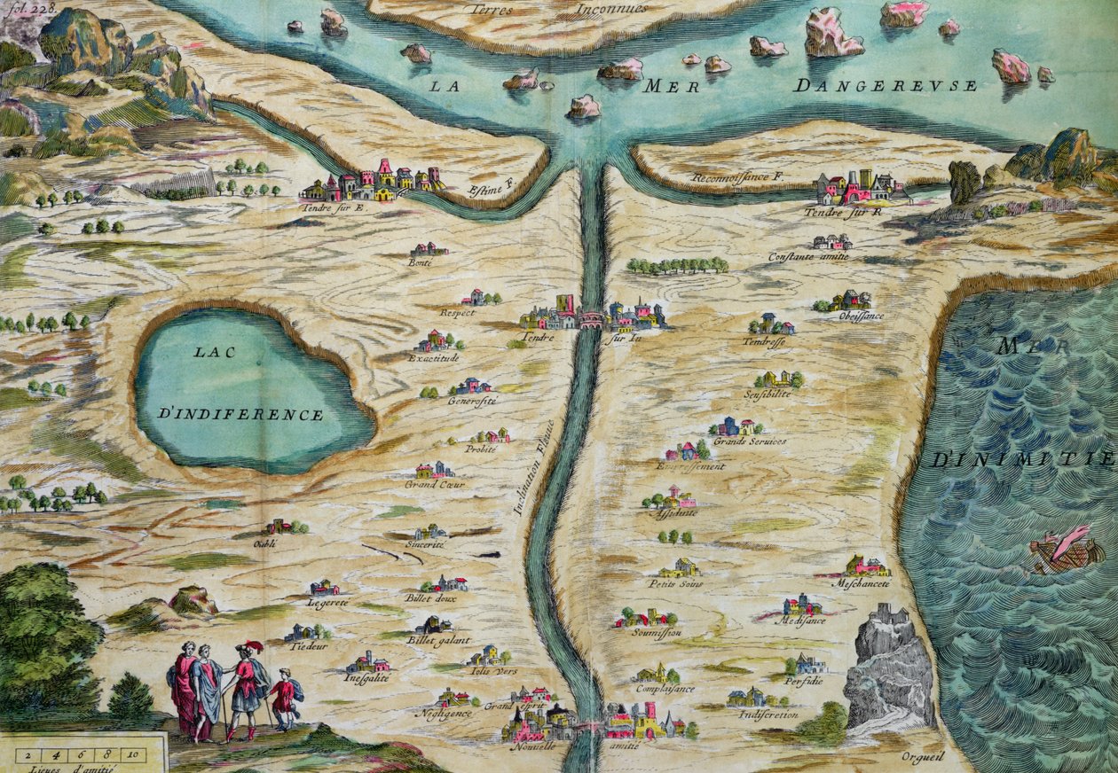 Carte du Tendre, kuvitteellisen maan kartta, Mademoiselle de Scuderyn kirjoittama Clelien osa II, kaiverrettu Francois Chauveau (1613-76) 1656 tekijältä French School