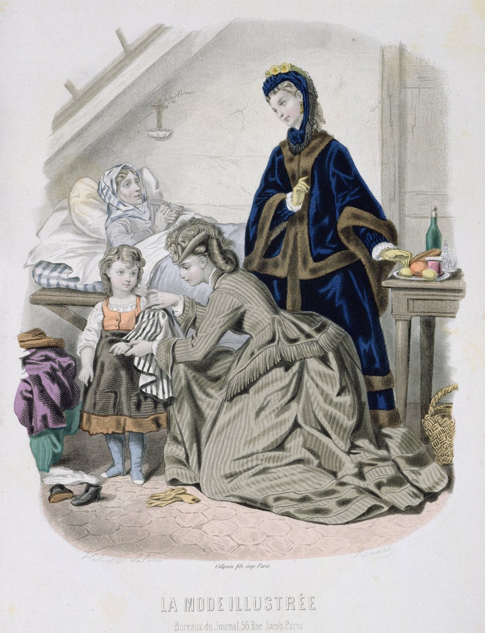 The Charitable Visit, kuvitus La Mode Illustreesta, n. 1870 (värikaiverrus) tekijältä French School