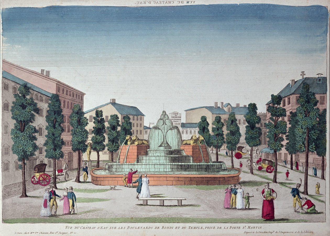Chateau dEau -suihkulähde Boulevard du Temple -kadulla, Pariisi (värikaiverrus) tekijältä French School