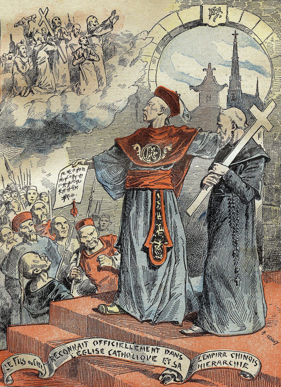 Kiinan keisari Guangxu (Kouang-siu tai Kouang Siu) (1872-1908) tunnusti virallisesti katolisen kirkon ja sen hierarkian. Kaiverrus kirjassa "" Le Pelerin"" 25/05/1899. tekijältä French School
