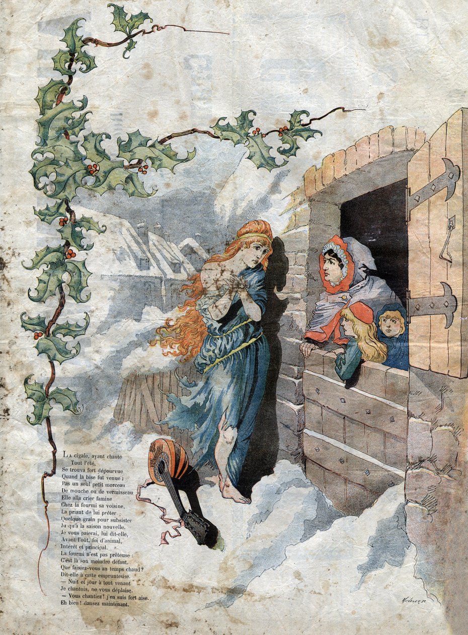 Cigale ja muurahainen. Jean de La Fontainen (1621-95) sadut. Kuva Michelet SC:stä. 1800-luvun lopulla. tekijältä French School