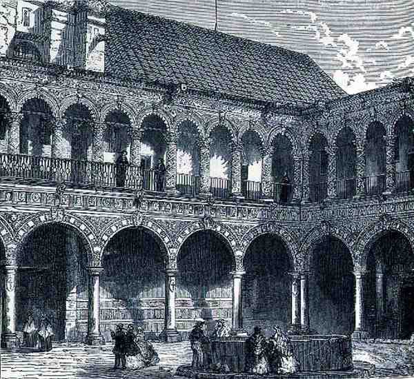 Meksikon La Mercedin luostarin luostari, The Ancient Cities of the New World, kirjoittanut Claude-Joseph-Desire Charnay, pub. 1887 tekijältä French School