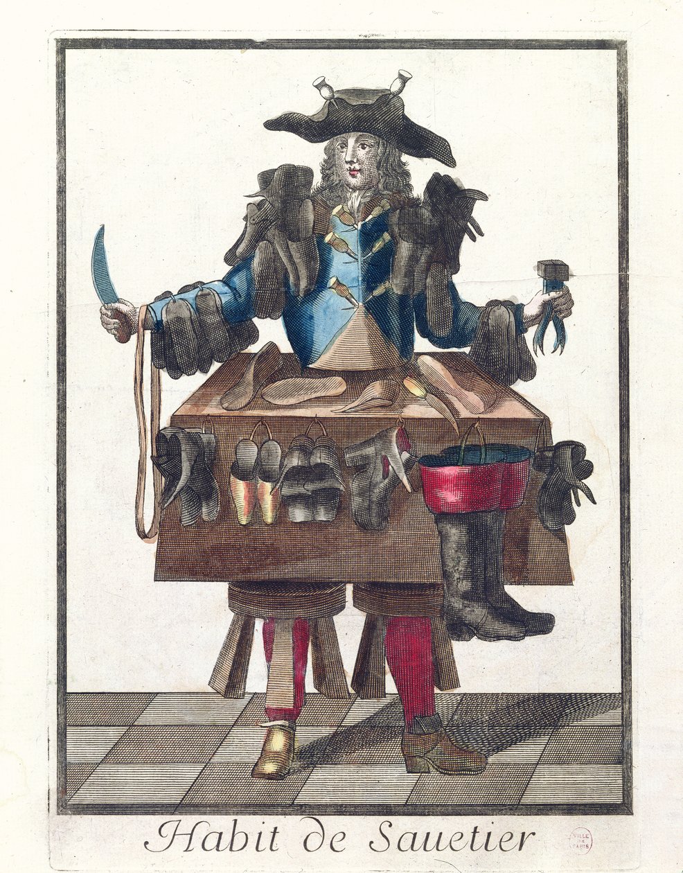 The Cobbler, allegorinen pukusuunnittelu Larmessinin perheen kaivertaman kuvan mukaan, n. 1640-84 tekijältä French School