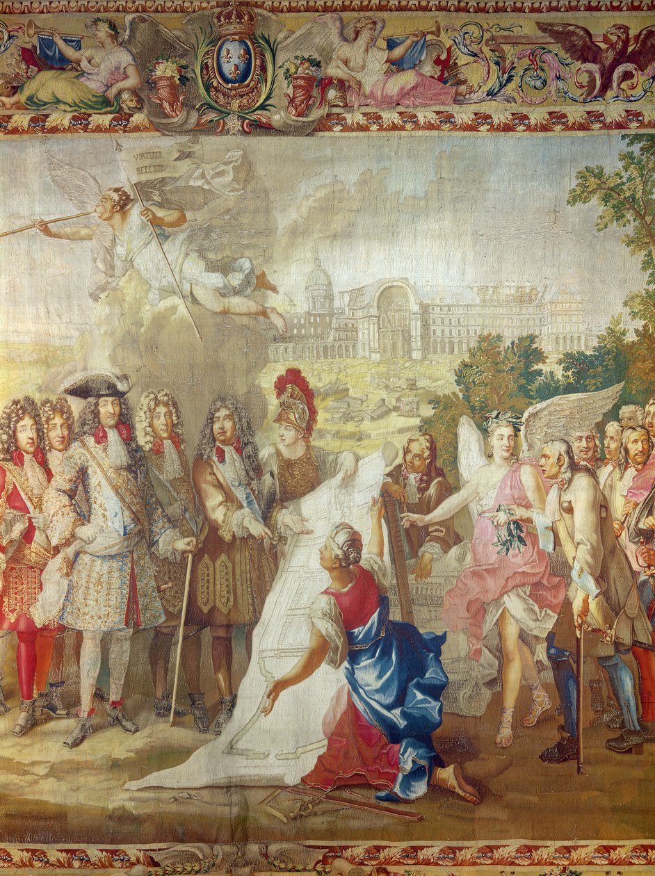Les Invalidesin rakentaminen vuonna 1670, keskeinen yksityiskohta Kuninkaan historiasta Adam Frans Van der Meulenin (1632-90) ja Charles Le Brunin (1619-90) Gobelins Workshopin jälkeen tekijältä French School