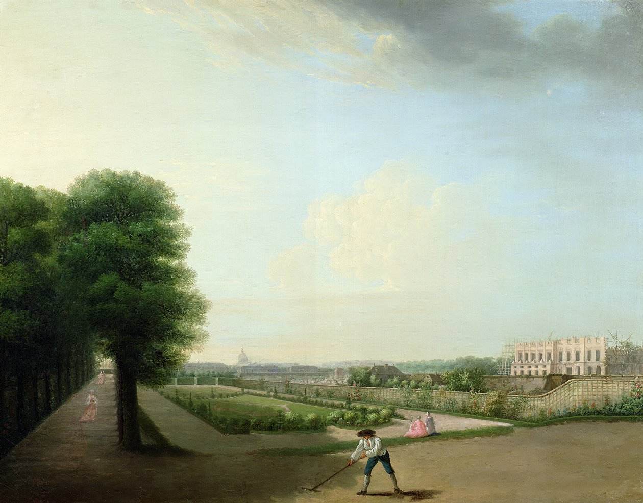Ludvig XV:n paikan rakentaminen Hotel de Resnelin puutarhasta, n. 1760 tekijältä French School