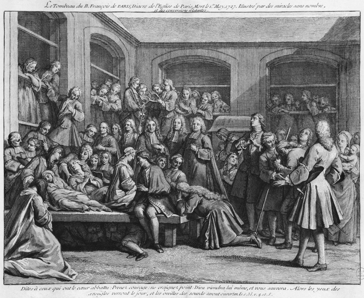Pariisin Saint-Medardin seurakunnan hautausmaan kouristukset, kuvitus teoksesta La verite des miracles de M. de Paris... kirjoittanut Louis Basile Carre de Montgeron (1686-1754) 1737 tekijältä French School