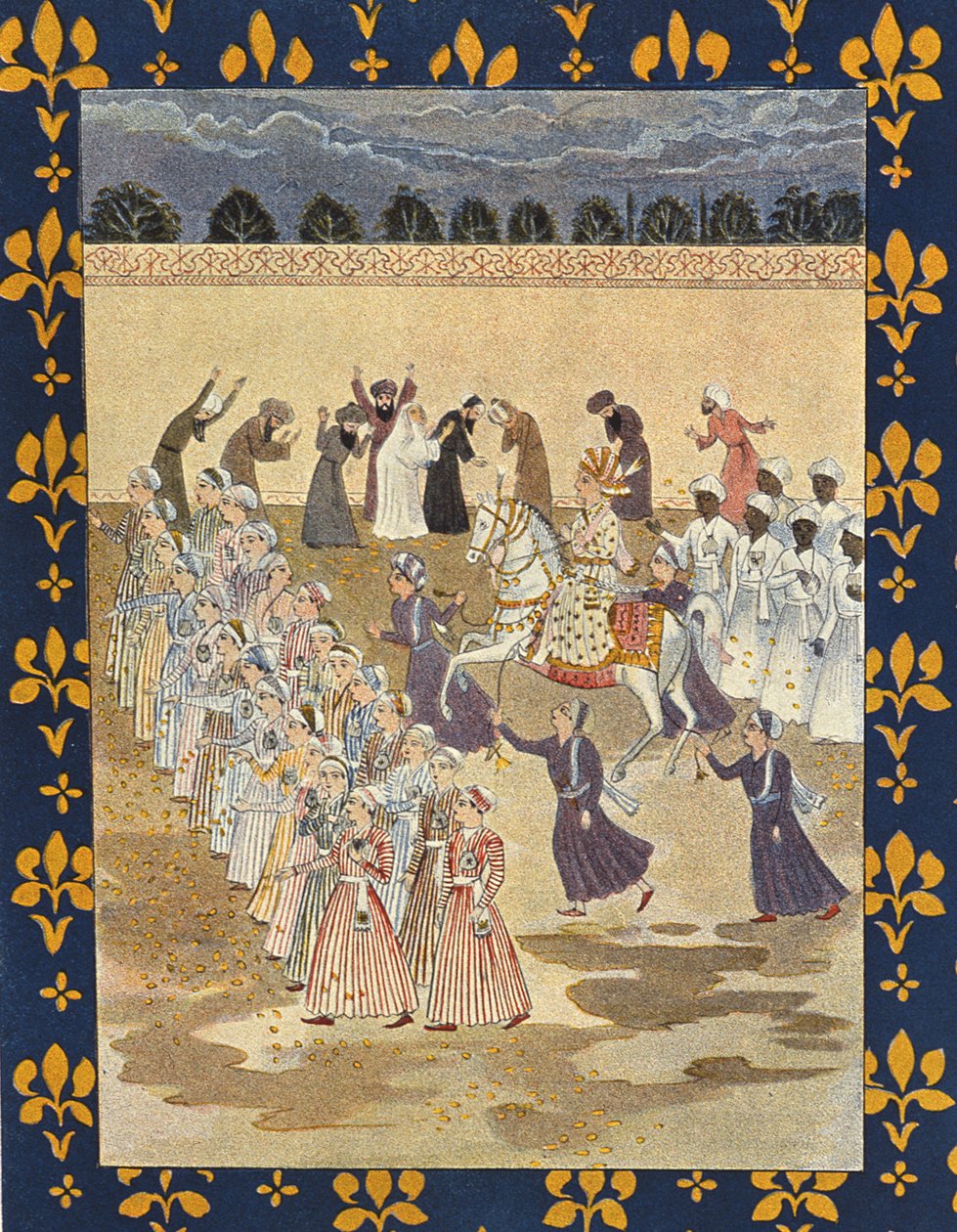 The Cortege of Aladdin, kuvitus Aladdinille, Arabian Nights, 1895 (värikaiverrus) tekijältä French School