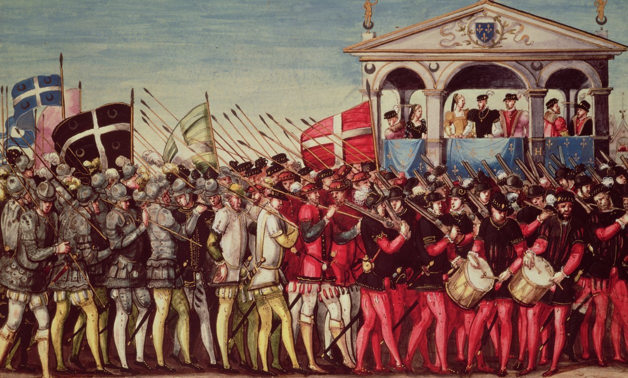 Rumppailijoiden ja sotilaiden ryhmä Henri II:n (1519-59) Royal Entry Festivalissa Roueniin 1. lokakuuta 1550 tekijältä French School