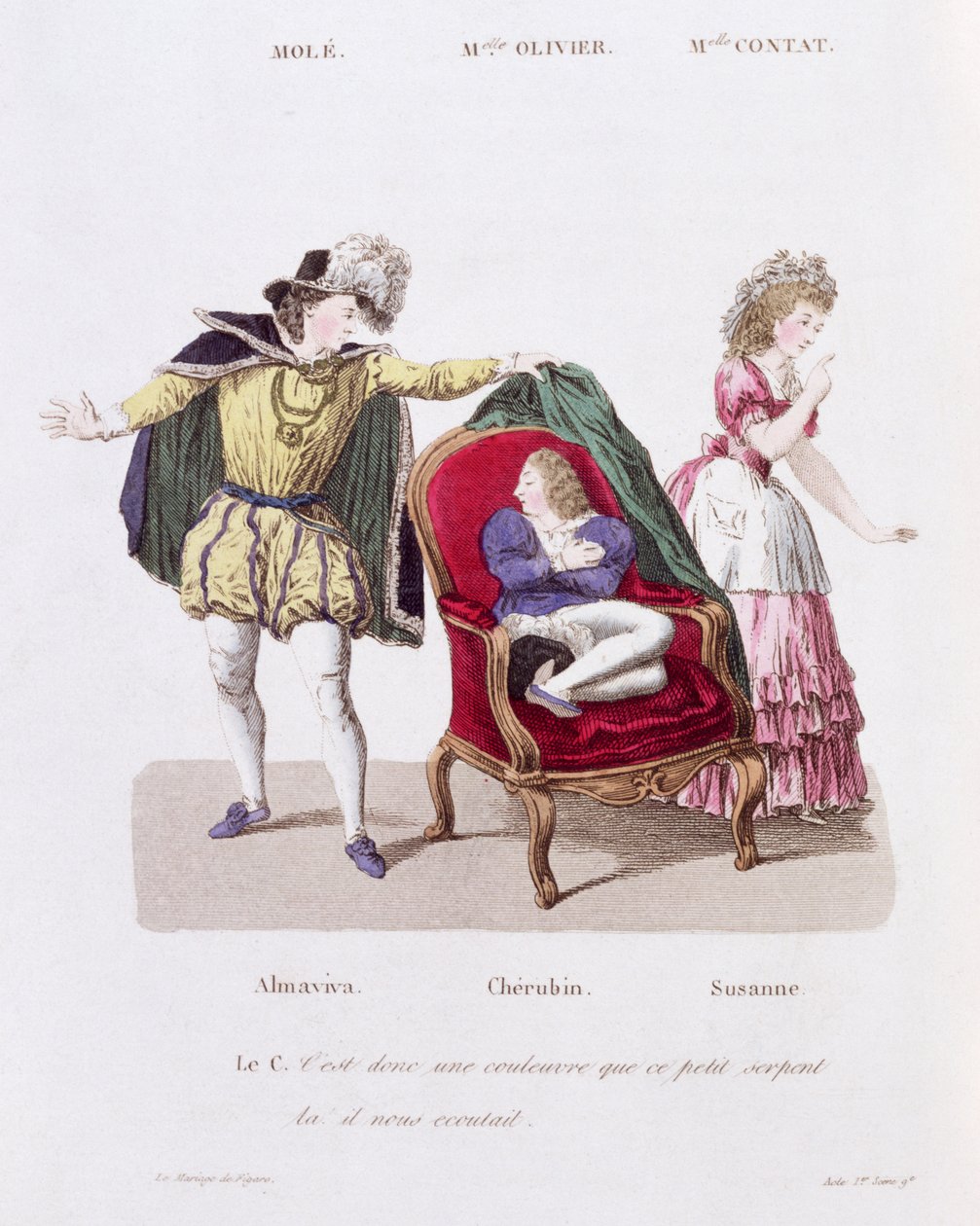 Kreivi löytää Cherubinin, Pierre Augustin Caron de Beamarchaisin (1732-99) Figaron häät 9. kohtaus tekijältä French School
