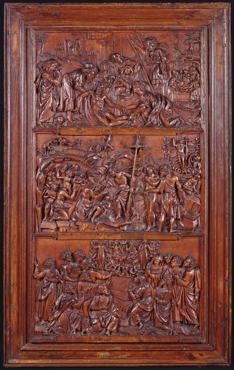 The Credo, Panel II: Laskeutuminen ristiltä, hautaus, ylösnousemus ja laskeutuminen Limboon ja taivaaseen, 1587 (puu) (katso myös 414036, 4140389) tekijältä French School