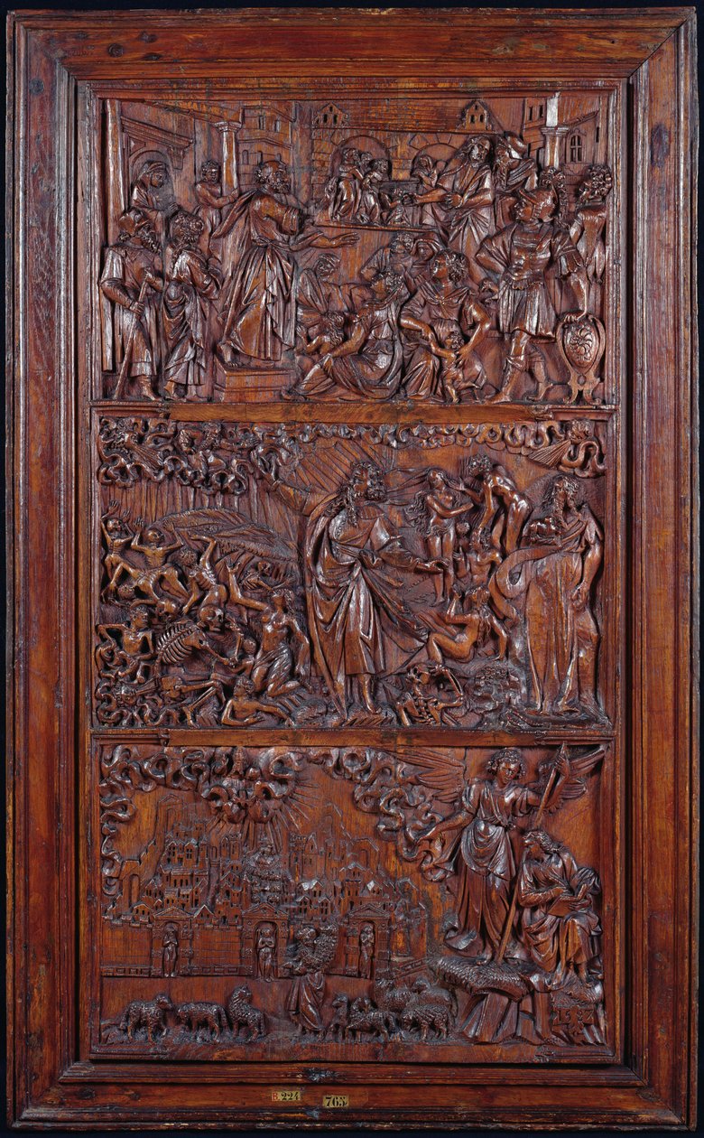 Credo, Paneeli IV: Syntien anteeksisaaminen, Hesekielin visio kuivista luista ja Pyhän Johanneksen näky Jerusalemista, 1587 (puu) (katso myös 414036-8) tekijältä French School
