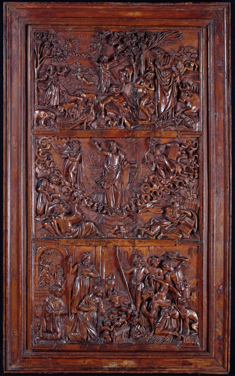 Credo, paneeli I: Maailman luominen, kirkastus, ilmestys ja syntymä, 1587 (puu) (katso myös 414037-9) tekijältä French School