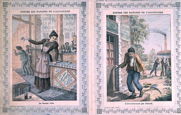 Alkoholismin vaarat, koulun harjoituskirjan kansi. noin 1900 (väri litho) tekijältä French School