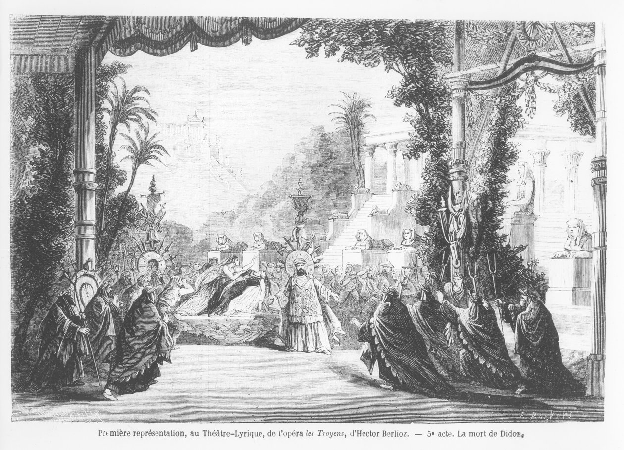 Didon kuolema, Hector Berliozin (1803-69) Les Troyensin ensiesitys Theatre Lyriquessa, Pariisissa, Le Monde Illustresta, 14.11.1863 tekijältä French School