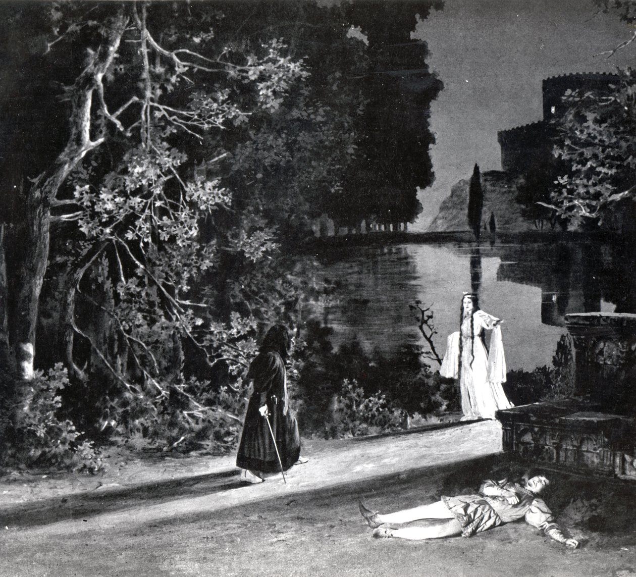 Pelleasin kuolema, IV näytös, Debussyn Pelleas et Melisande 4. kohtaus valokuvasta Pariisin Opera-Comiquen oopperan ensimmäisestä tuotannosta huhtikuussa 1902, kuvitus Theater m:ssä tekijältä French School
