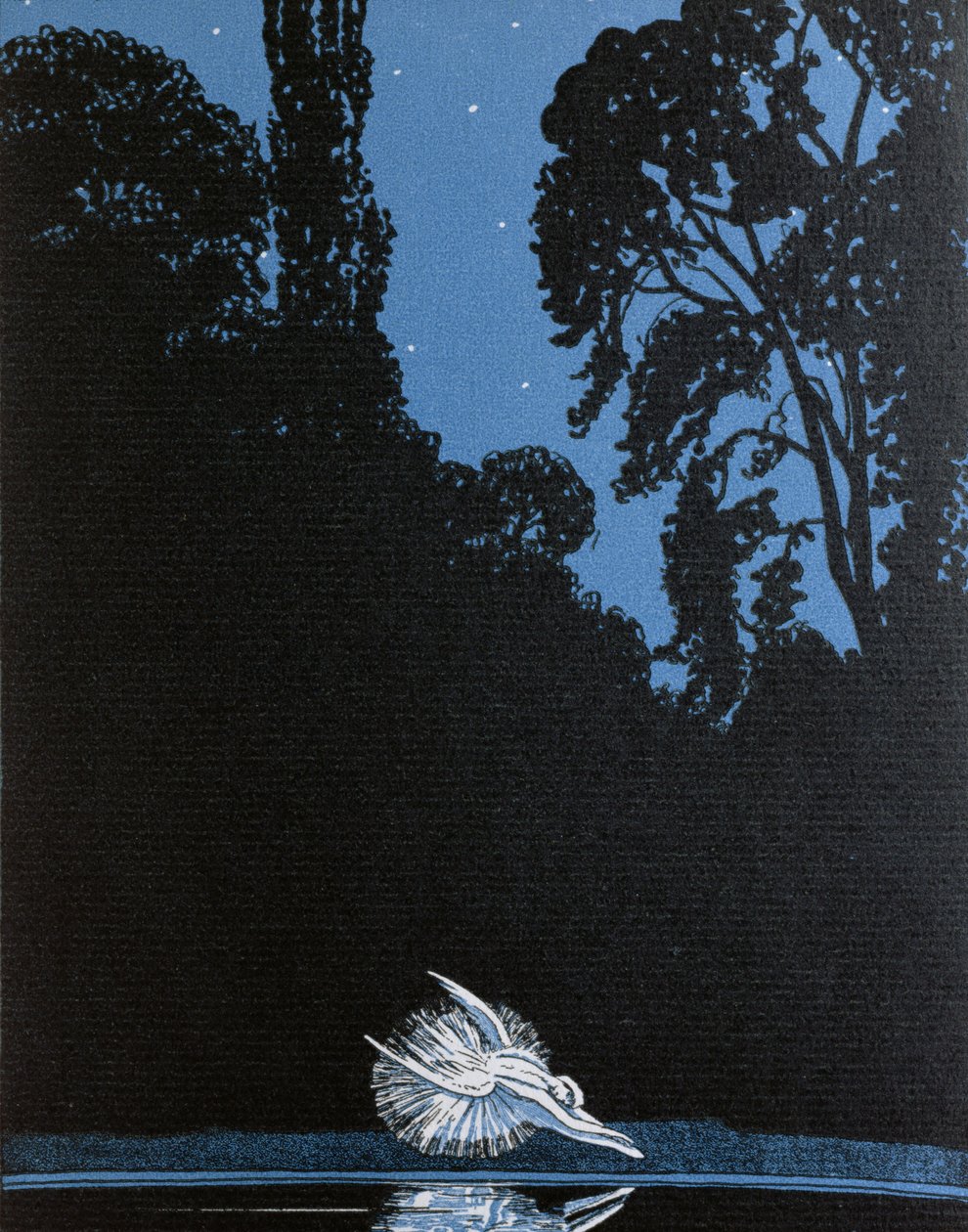 Joutsenen kuolema, kuvitus La Gazette du Bon Tonille Tšaikovskin baletista Joutsenten järvi, 1924. tekijältä French School