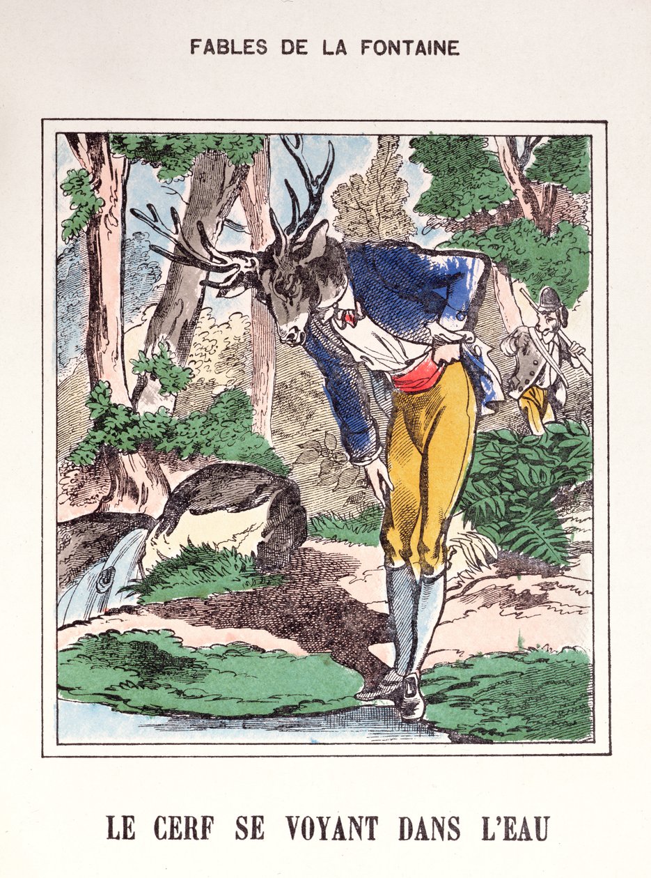 Hirvi näkemässä itsensä vedessä, Fables de La Fontainen (värikaiverrus) tekijältä French School