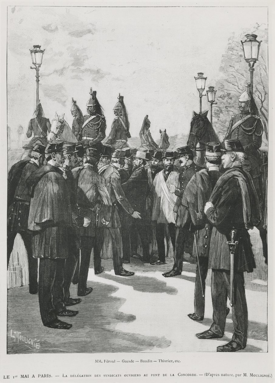 Ammattiyhdistysten valtuuskunta Pont de la Concordessa 1. toukokuuta Pariisissa pidetyssä mielenosoituksen aikana 1. toukokuuta 1890, kaiverrus L. Moulignie, rengraavi) tekijältä French School