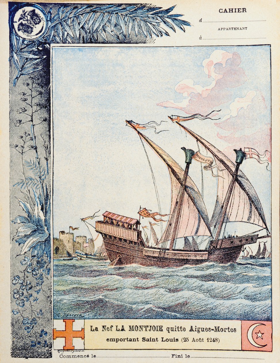Saint Louisin lähtö hänen Montjoiellaan Aigues-Mortesista 25. elokuuta 1248, kansikuva koulun harjoituskirjasta, n. 1900 tekijältä French School