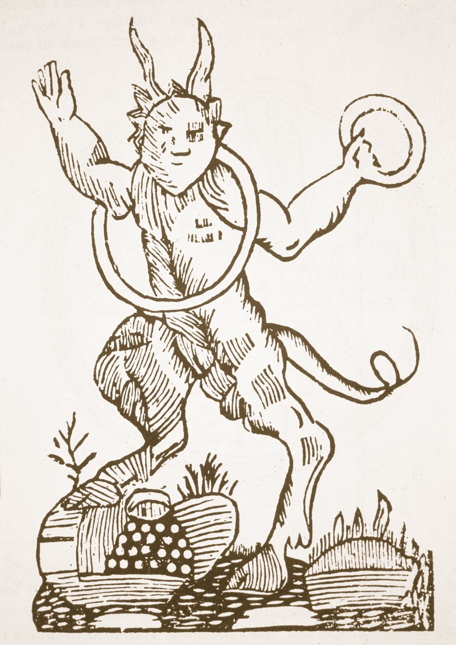 Paholainen osoittaa piilotettuja aarteita, kopio kuvituksesta Le Veritable Dragon Rougesta, Lille 1521, käytetty taikuuden historiassa, julkaistu 1800-luvun lopulla. tekijältä French School