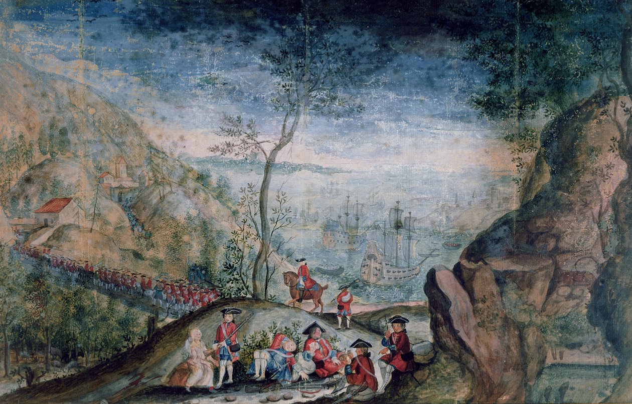 Karrerin sveitsiläisen rykmentin 50 sotilaan laskeutuminen maihin Louisbourgissa Cap-Bretonin saarella vuosina 1722-33 (wc paperilla) tekijältä French School