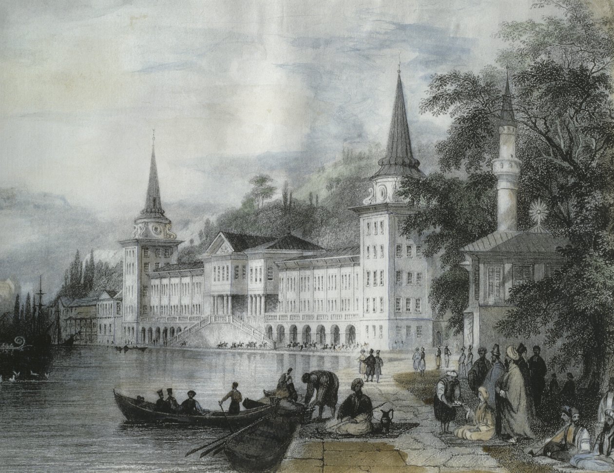 Dolmabahcen palatsi Bosporinsalmella, 1840 (värikaiverrus) tekijältä French School