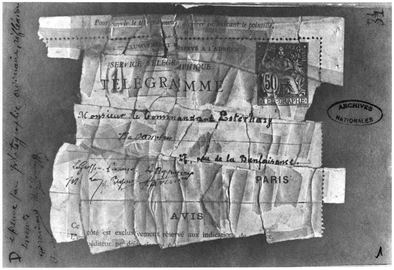 Dreyfusin tapaus, 22. joulukuuta 1894, komentaja Esterhazylle lähetetty sähke tekijältä French School